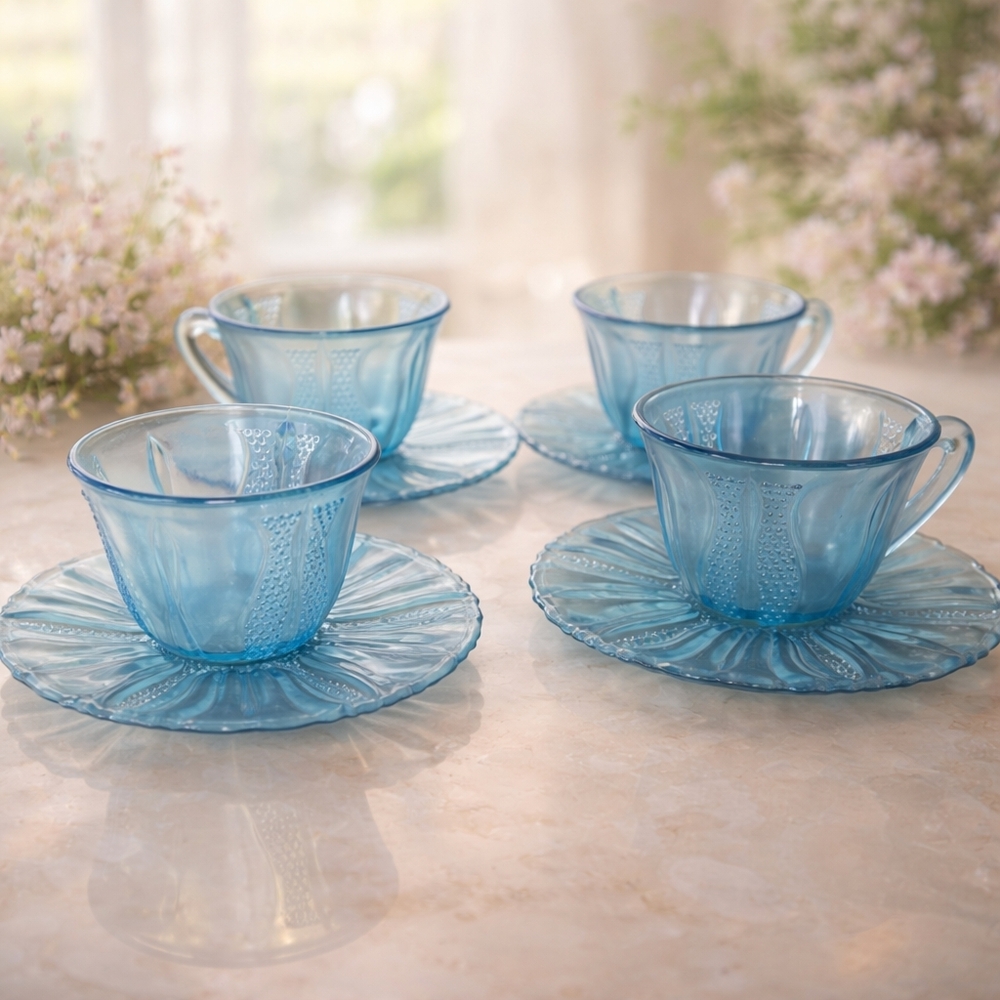 Elegant Blue Glass Teacup and Saucer Set - 4 Piece